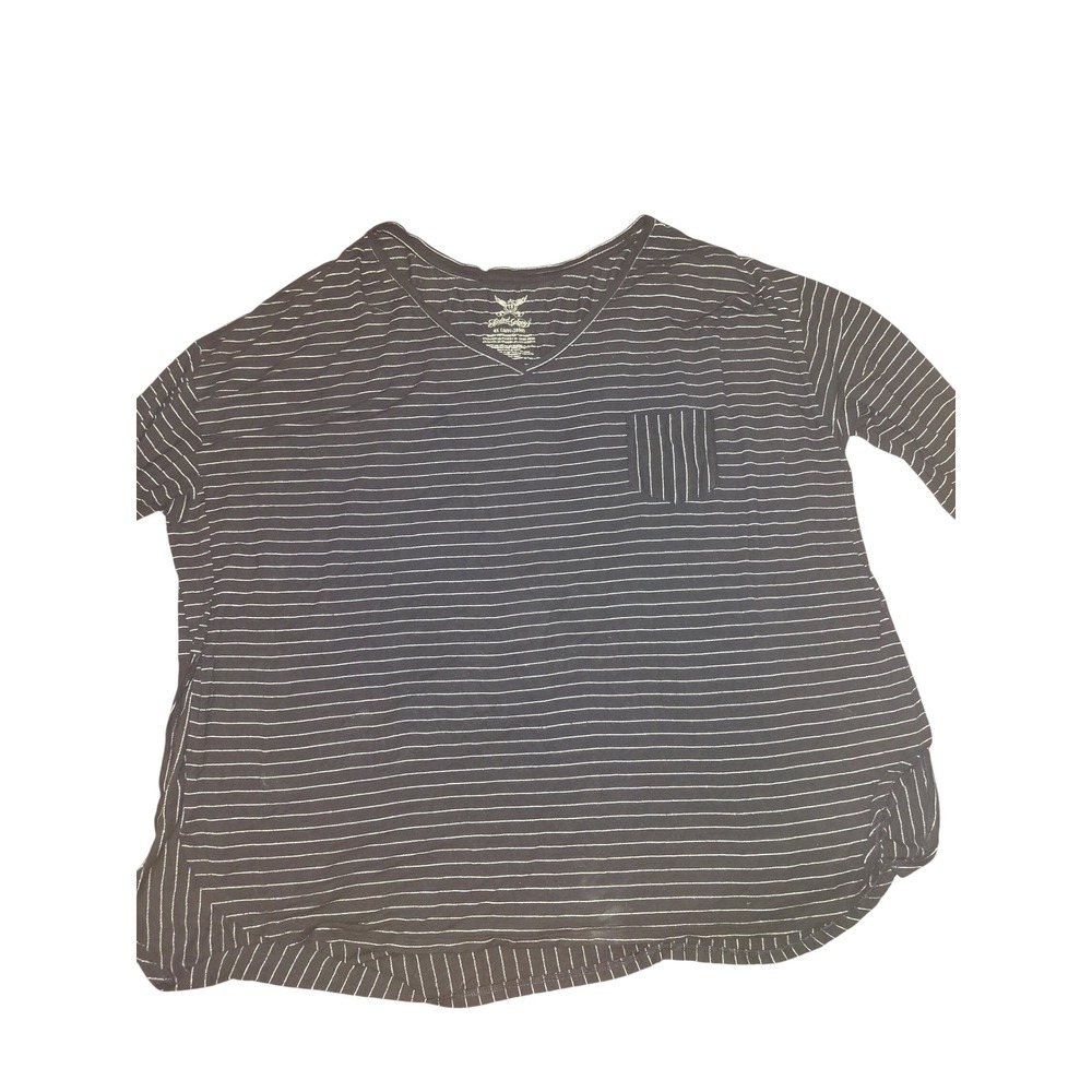 Faded Glory Womens 4X Black White Striped V-Neck Pocket Tee Metallic Shimmer Top